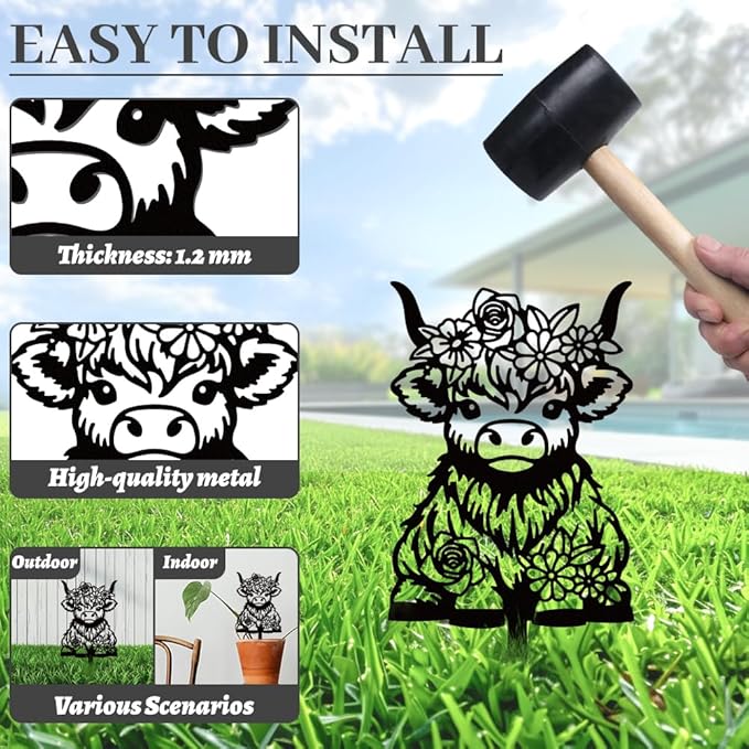 WADORN Highland Cow Silhouette Garden Stakes Decor, Metal Cow Lovers Gifts Stakes Statues Ornaments for Yard Art Black Silhouette Yard Outside Decor for Backyard Patio Outdoor Decor, 15x7.1Inch