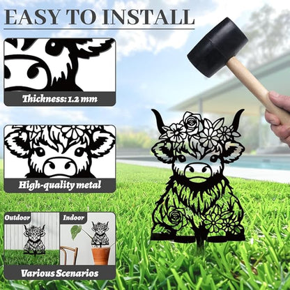 WADORN Highland Cow Silhouette Garden Stakes Decor, Metal Cow Lovers Gifts Stakes Statues Ornaments for Yard Art Black Silhouette Yard Outside Decor for Backyard Patio Outdoor Decor, 15x7.1Inch