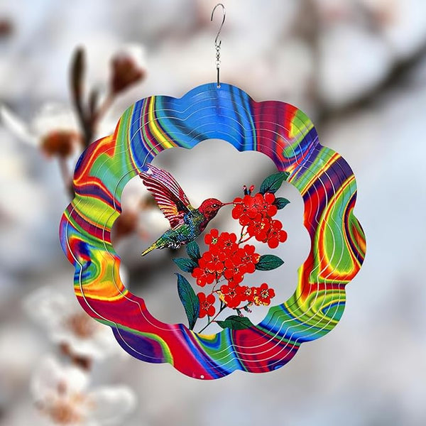 Wind Spinner Colorful Hummingbird 12 inch 3D Stainless Steel Laser Cut Metal Double Sided Printing-Hanging Indoor/Outdoor Decorations Yard Gardening Decor,Metal Kinetic Art Ornament Gifts