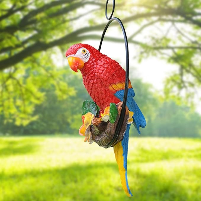 Hanging Parrot Statue Outdoor,Parrot Sculpture Decor for Outdoor Decor, Bird Decoration with Iron, Parrot Statue for Tree Lawn Garden Porch, Landscape Ornament