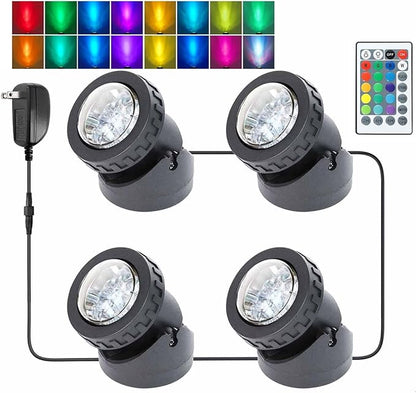 Pond Lights Colored with Timer, Submersible LED Fountain Light Weighted Spot Lights Waterproof Memory Dimmable Outdoor Spotlights for Water Landscape Pond Fountain Waterfall, 4 in Set