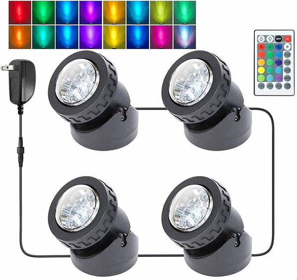 Pond Lights Colored with Timer, Submersible LED Fountain Light Weighted Spot Lights Waterproof Memory Dimmable Outdoor Spotlights for Water Landscape Pond Fountain Waterfall, 4 in Set