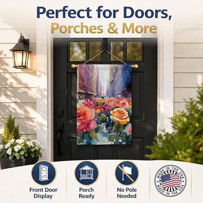 Caroline's Treasures New York Roses in Watercolor House Flag Large Porch Sleeve Pole Decorative Outside Yard Banner Artwork Wall Hanging, Polyester, House Size, Multicolor