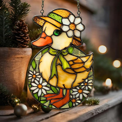 Mosaic Floral Daisy Duck Easter Acrylic Suncatcher Stained Glass Effect Window Car Hanging Christmas Ornament Indoor Outdoor Decor Garden Sun Catcher Panel for Easter Lover for Women Mom Grandma