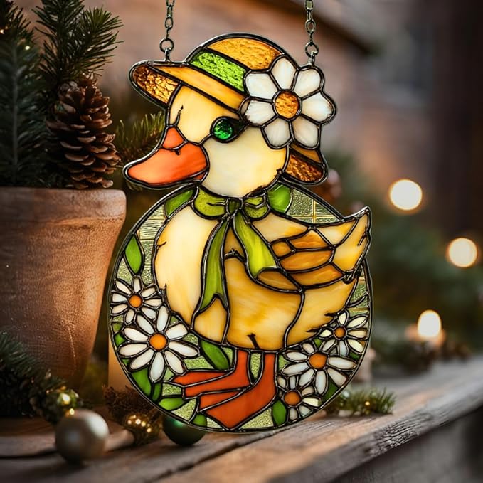 Mosaic Floral Daisy Duck Easter Acrylic Suncatcher Stained Glass Effect Window Car Hanging Christmas Ornament Indoor Outdoor Decor Garden Sun Catcher Panel for Easter Lover for Women Mom Grandma