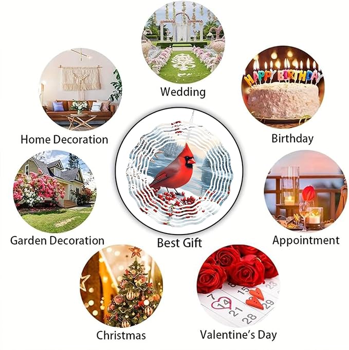 10 Inch Cardinal Bird Wind Spinner, 3D Stainless Steel Hanging Kinetic Wind Sculpture Gifts for Garden Decor Yard Art Indoor Outdoor Window Porch Lawn Decoration