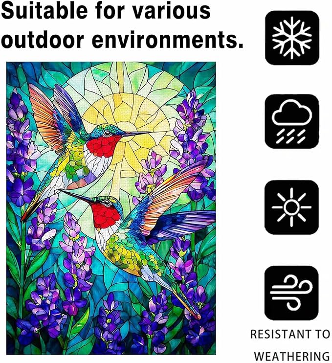 Spring Summer Hummingbird House Flag Double Sided 28x40 Inch, Stained Glass Hummingbird Floral Outdoor Flag Seasonal Farmhouse Outside Outdoor Decoration