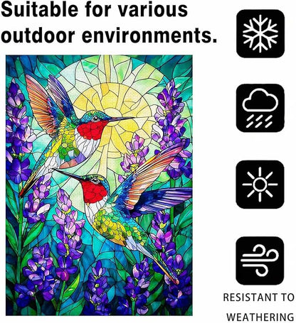 Spring Summer Hummingbird House Flag Double Sided 28x40 Inch, Stained Glass Hummingbird Floral Outdoor Flag Seasonal Farmhouse Outside Outdoor Decoration