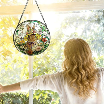 Spring Flower Easter Bunny Stained Glass Window Hanging, Rustic Wildflower Hat Rabbit Suncatcher Indoor Window Glass Round Wall Art Decor, 7.9x7.9 Inch
