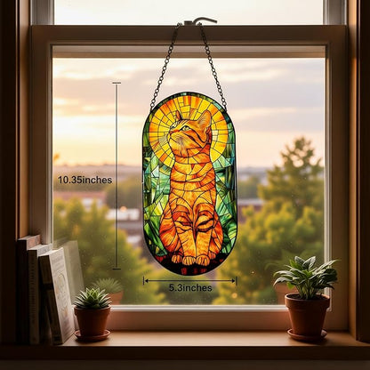 Stained Glass Window Hanging - Oval Orange Cat Sun Catcher, Suncatchers Ornaments Decor for Indoor Cling Garden, Birthday Gifts for Women Men Mom Wife Home Art Decor 7.8in