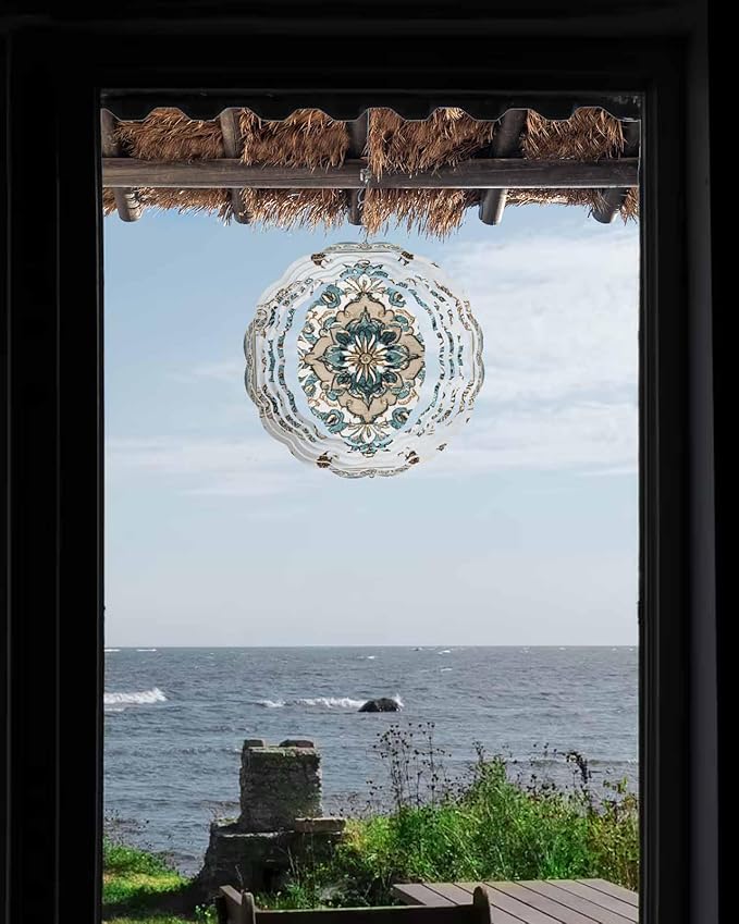 Boho Wind Spinner 8 Inch Retro Blue Floral Vintage Flower Wind Spinners Outdoor 3D Stainless Steel Hanging Sculpture Decorations Gift for Garden Yard Porch Balcony