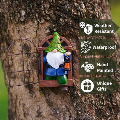Mini Garden Gnomes Elf Out The Door Tree Hugger 5.6" Garden Statue Hanging Garden Gnomes Outdoor Decorations Tree Faces Decor Outdoor for Fairy Garden Patio Lawn Porch (Blue Green)