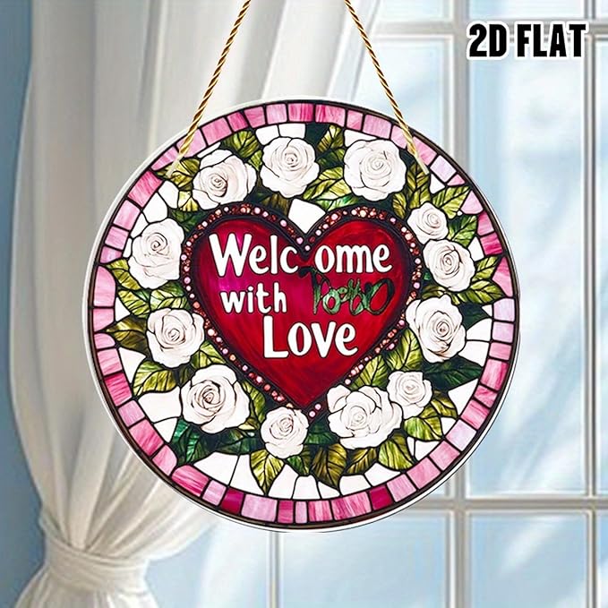 1pcs Heart Sun Catcher for Window Hanging White Flower Stained Glass Window Suncatchers Round Valentine's Romantic Ornaments Room Home Decor for Wife Valentine's Day Gift