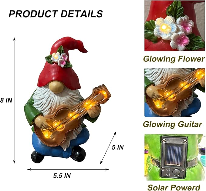 Solar Garden Gnome Figurine with Light Up Guitar - 8" Hippie Outdoor Statue with Lights, Resin Garden Decor | Funny Lawn Ornament & Garden Gift