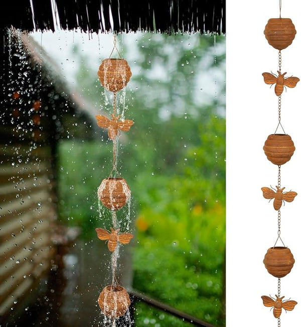 Gutter Chain, Rain Chain for Gutter, Downspout Decorative Metal Rain Catcher Diverter with Hook for Outside Windowsill Garden Patio Courtyard (Gold)