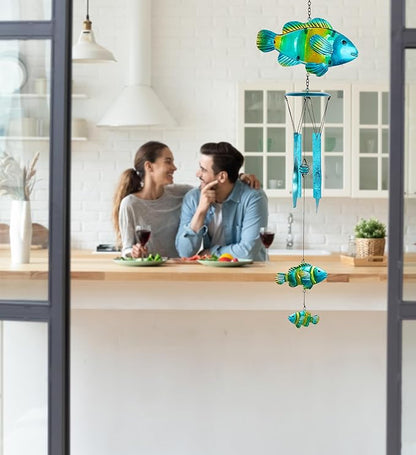 CoTa Global Lucky Fish Wind Chime - Handcrafted Glass and Metal Chime - Hanging Fish Decoration for Indoor and Outdoor Spaces, Hanging Ocean Animal Windchime Decor Gift - 29 Inches
