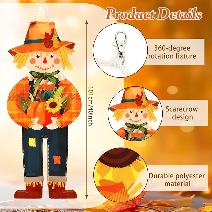 NOVWANG 2 Pcs Fall Scarecrow Windsocks, Autumn Outdoor Hanging Flag Fall Scarecrow Hanging Sign Thanksgiving Outside Flag for Yard Lawn Patio Garden Party Decorations