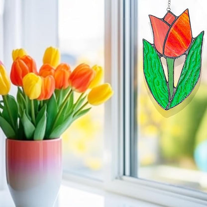 Tulip Stained Glass Window Hanging Suncatcher Handmade Flower Plant Stained Glass Sun Catchers Perfect for Indoor Window,Kitchen,and Living Rooms Spring Home Decor Gifts for Mom Women Plant Lover