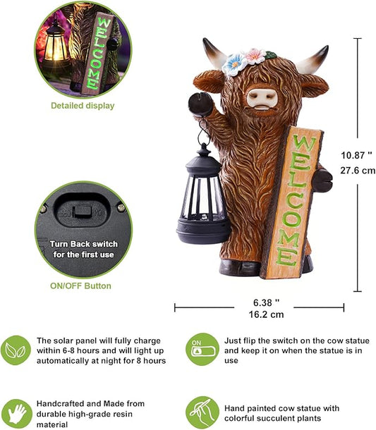 Nacome Highland Cow Garden Statue for Decor: Outdoor Sculpture with Solar Lantern and Welcome Sign for Outside Ornament Yard Art Lawn Porch Patio Balcony - Birthday Gifts for Women Mom(Brown)