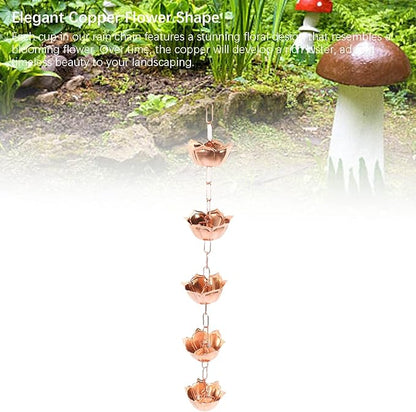Rain Catcher Chain, 1M Copper Vintage Hanging Rain Chain Rainwater Catcher Outdoor Hanging Accessories for Yard Garden Temple (Flower Shaped)