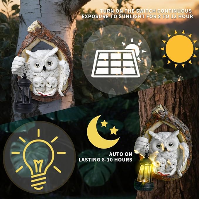 Solar Owl Family Reading a Book Wall Sculptures Outdoor Garden Decor Waterproof Resin Statue for Yard Patio Fence Tree Art Ornaments Home Decorations with Hanging LED