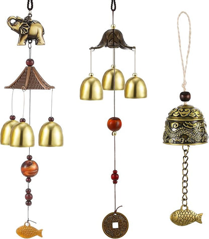 3 Pieces Feng Shui Wind Bell Wind Chimes Chinese Metal Bell Vintage Dragon Fish and Elephant Feng Shui Hanging Chime for Good Luck, Safe, Home Garden Patio Hanging Decoration