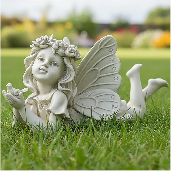 Lying Fairy Garden Statue with Bird – Resin Angel Figurine for Outdoor Garden Decor, Fairy Garden Sculpture for Yard, Patio or Flower Bed – 11" Garden Fairy Figurine