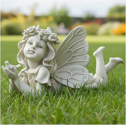 Lying Fairy Garden Statue with Bird – Resin Angel Figurine for Outdoor Garden Decor, Fairy Garden Sculpture for Yard, Patio or Flower Bed – 11" Garden Fairy Figurine