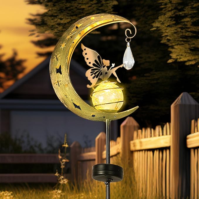 LOVERUIS Solar Garden Lights Outdoor Fairy Moon Lamp Waterproof Moon Garden Solar Light with Crackle Glass Ball LED Stake Lights Angel Decorative for Grave Balcony Lawn Patio Pathway