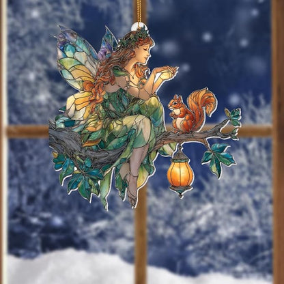 Fairy Ornament Acrylic Suncatcher – Stained Glass Style Fairy Sitting on Branch with Squirrel & Lantern, Fantasy Window Hanging Decor, Enchanted Forest Ornament, for Women (Sun-33)