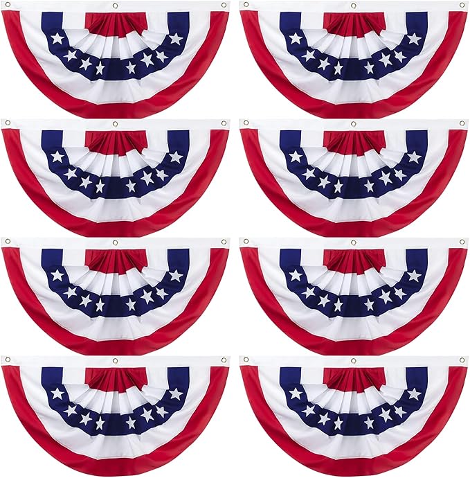 8 Pack American Pleated Fan Flag, 1.5 x 3 Ft Red White and Blue Half Fan Flag Bunting Banner, Patriotic Decorations USA Bunting Flags Outdoor Indoor for Porch Garden Memorial Day 4th of July Decor
