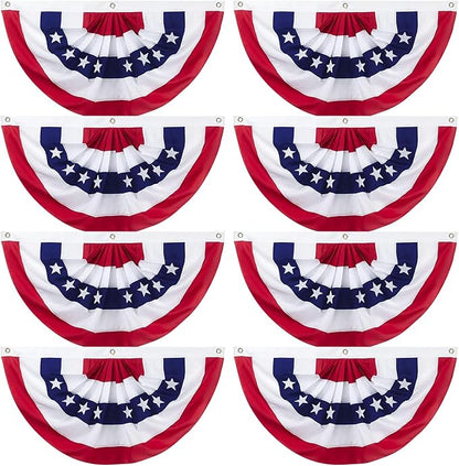 8 Pack American Pleated Fan Flag, 1.5 x 3 Ft Red White and Blue Half Fan Flag Bunting Banner, Patriotic Decorations USA Bunting Flags Outdoor Indoor for Porch Garden Memorial Day 4th of July Decor