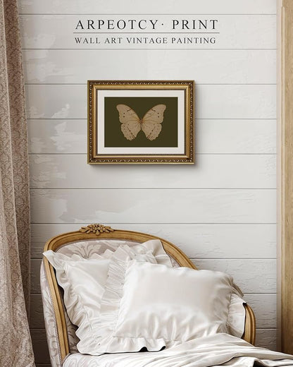 ARPEOTCY Vintage Gold Framed Wall Art, Classical White Butterfly Paintings, Dark Moody Green Canvas Prints Artwork with Frame, Victorian Wall Decor for Living Room Bathroom Bedroom 11x14 inch