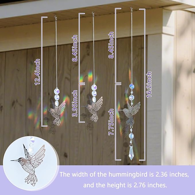 Hummingbird Crystal Sun Catchers 3-Pack, with Metal Bird Decorations, Suitable for Window Decoration, a Gift for Ladies, and for Outdoor Courtyard and Garden Decoration as Well as Home Decoration.