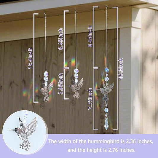 Hummingbird Crystal Sun Catchers 3-Pack, with Metal Bird Decorations, Suitable for Window Decoration, a Gift for Ladies, and for Outdoor Courtyard and Garden Decoration as Well as Home Decoration.