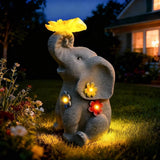 Lucky Elephant Garden Statue with Solar Butterfly Light - Prosperity Figurine with Rustic Finish & Colorful Accents - Waterproof Outdoor Decor for Home Entrance & Patio