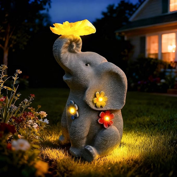 Lucky Elephant Garden Statue with Solar Butterfly Light - Prosperity Figurine with Rustic Finish & Colorful Accents - Waterproof Outdoor Decor for Home Entrance & Patio