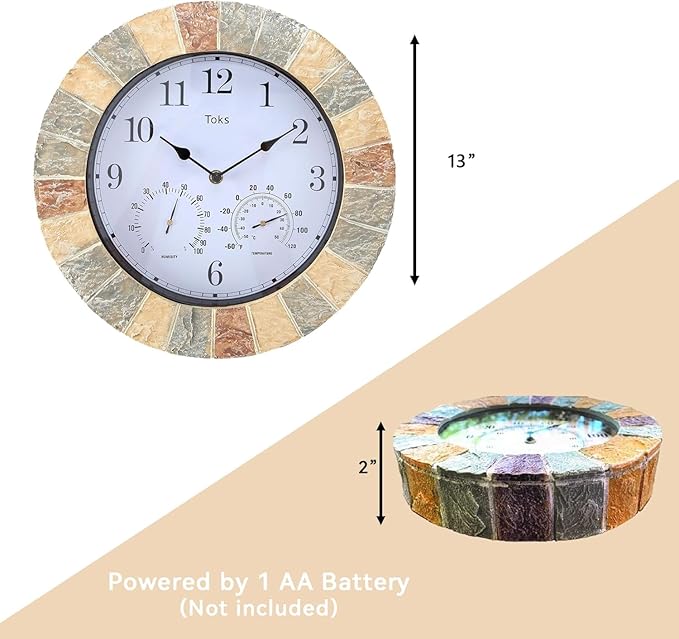 Lily's Home Hanging Wall Clock, Includes a Thermometer and Hygrometer and is Ideal for Indoor and Outdoor Use, Wonderful Housewarming Gift for Friends, Faux-Stone (13 Inches)
