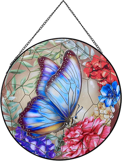 Butterfly Stained Glass Window Hanging,20cm/7.87inch Hand-Painted Sun Catcher Garden Hangings for Doors Home Christmas Mother's Day, Valentine's Day Ornaments Festival Gift (B Style)