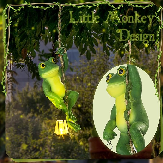 Kathfly Solar Light Hanging Frog Figurine with LED Lantern 7.48 Inch Waterproof Resin Cute Frog Climbing on Vine with Hook for Yard Garden Wall Decor Mother's Day Housewarming Gift