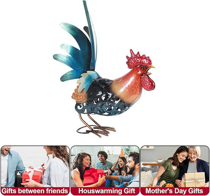 16.5" Whimsical Metal Rooster Garden Statue, Handmade Morning Crowing Rooster Sculpture with Green Tail Feathers, Rust-Resistant Iron Art for Yard, Farmhouse, Kitchen & Outdoor Decor