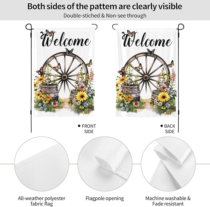 Wagon Wheel With Flowers Butterflies Garden Flags 12×18 Inch Double Sided Decorative Yard Banner Seasonal Flag for Outdoor Outside Decor