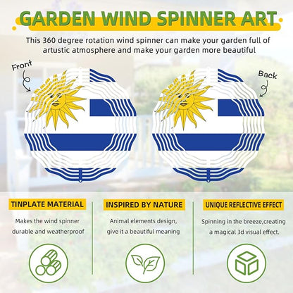 Wind Spinners Outdoor Uruguay Uruguayan Flag 3D Kinetic Sculptures Chimes 10 inch Mandala Flower Tinplate Metal Art Garden Patio Yard Room Classroom Decorations Indoor Decor