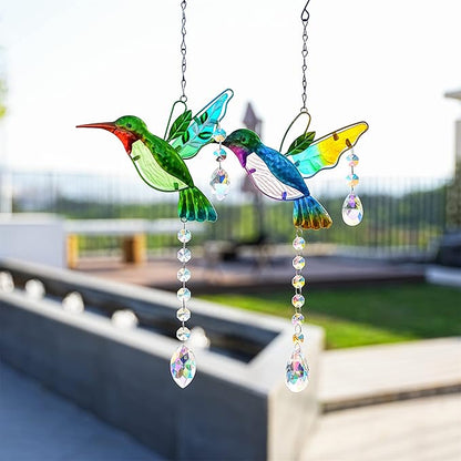 YU FENG 2PCS 18.1" Hummingbird Suncatchers,Stained Glass Window Hanging Ornament for Christmas Tree,Rainbow Maker Crystal Prism Suncatcher Outdoor Indoor Home Garden Party Decoration