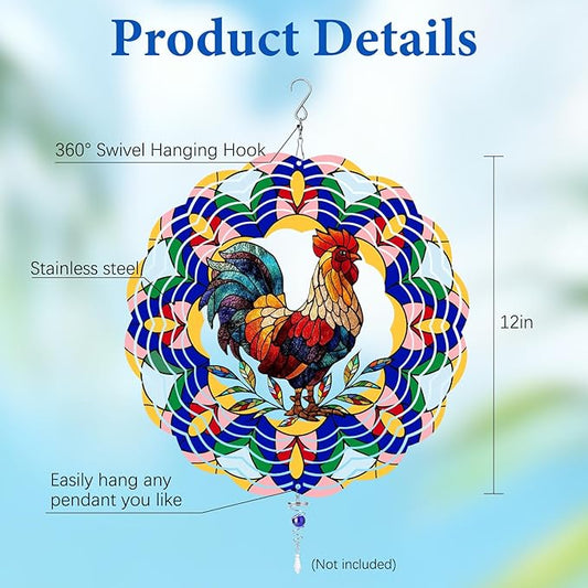 Wazzio Chicken Wind Spinners Outdoor, Chicken Gifts for Women Men Mom Dad, Hanging Wind Sculptures Spinners for Christmas, 12 inch Outdoor Indoor Hanging Ornament for Garden Porch Backyard Lawn