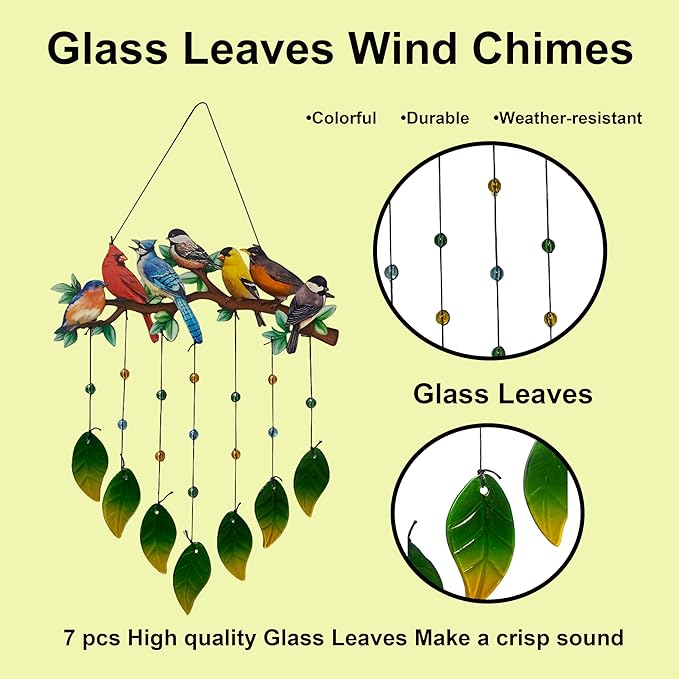 Red Cardinal Wind Chimes Outdoor - Colorful Metal & Glass Leaves Hanging Decor for Garden, Yard, Porch