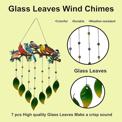 Red Cardinal Wind Chimes Outdoor - Colorful Metal & Glass Leaves Hanging Decor for Garden, Yard, Porch