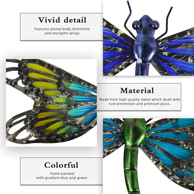 HONGLAND 2Pcs Metal Dragonfly Wall Decor Outdoor Dragonfly Wall Art Glass Sculpture for Home Garden Fence-Blue&Green