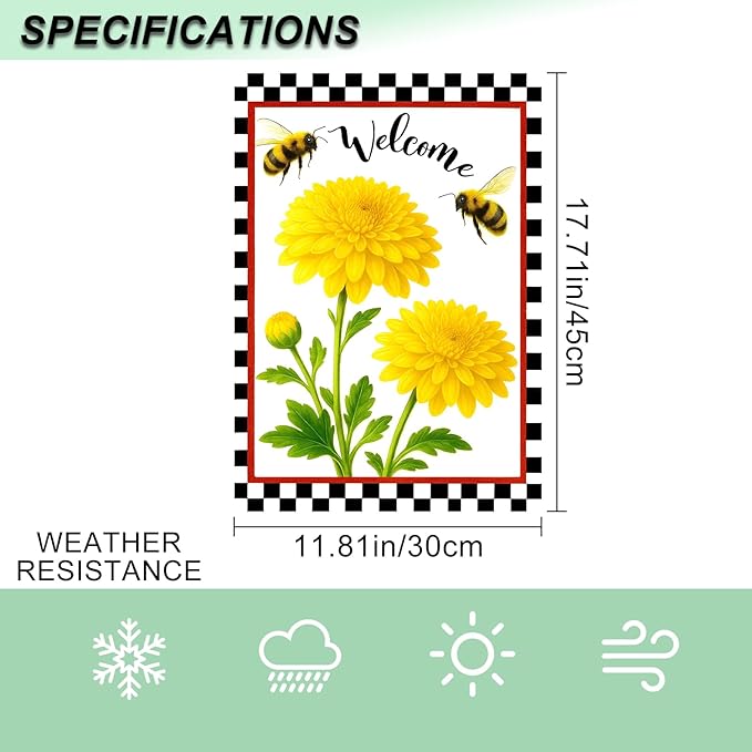 IVN Welcome Garden Flag 12x18 Inch Double Sided Spring Summer Garden Yard Flags Yellow Chrysanthemum Flowers Bees Decorative Small Flags for Outdoor Seasonal Front Door Lawn Porch Patio Decor Yard Flag