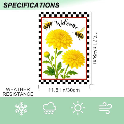 IVN Welcome Garden Flag 12x18 Inch Double Sided Spring Summer Garden Yard Flags Yellow Chrysanthemum Flowers Bees Decorative Small Flags for Outdoor Seasonal Front Door Lawn Porch Patio Decor Yard Flag
